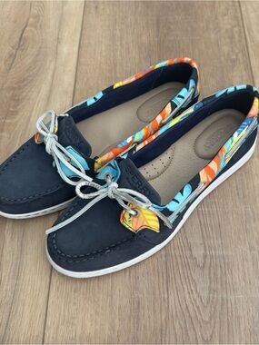 Sperry Navy Canvas Boat Shoes with Brown Trim and White Soles